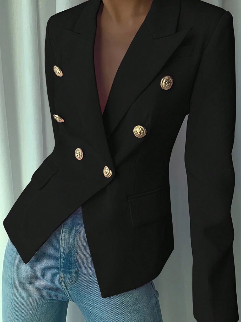 Black Elegant Women's Double Button Office Blazer - Picture 3 of 6